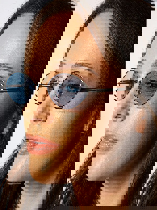 SVNX Metal Oval Frame Sunglasses with Blue Lenses