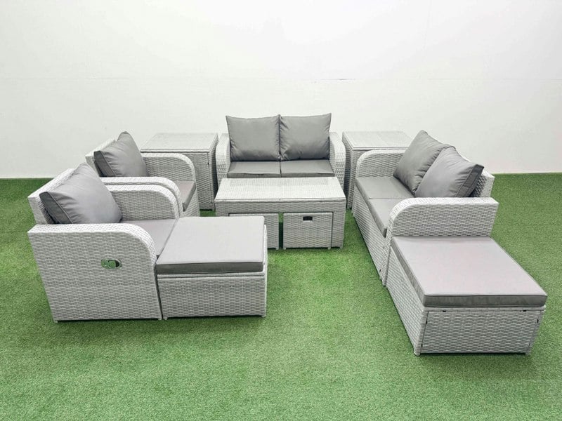Fimous PE Wicker Rattan Furniture Sofa Sets with Oblong Coffee Table Love Sofa Reclining Chair 4 Stools 2 Side Table Light Grey Mixed