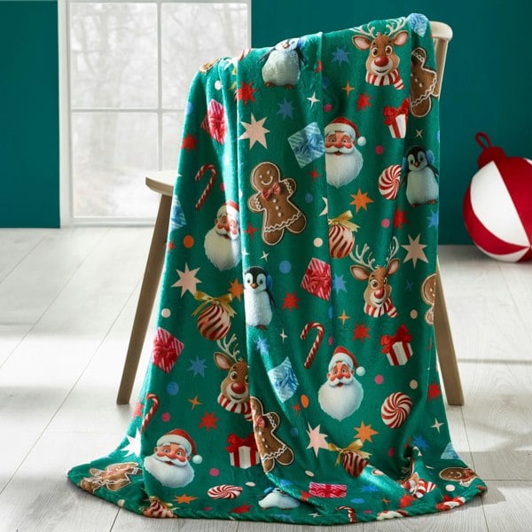 Catherine Lansfield Christmas Icons Cosy Fleece Blanket Throw Green