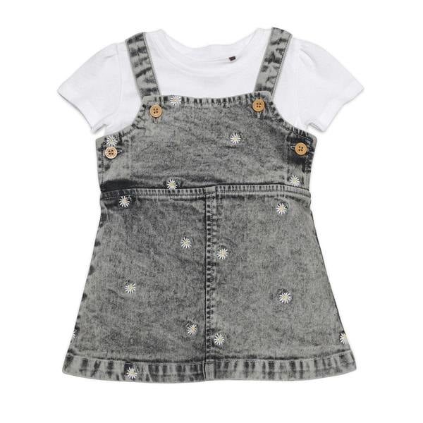 Mini Cuddles Baby Girls Daisy Embroidered Denim Pinny Set, Grey