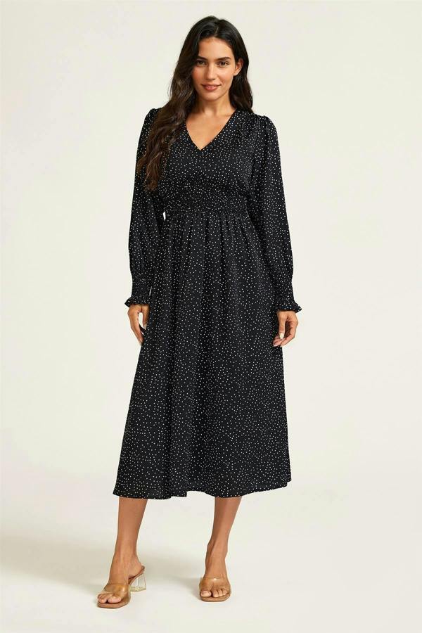FS Collection Polka Dot Print Long Sleeve Midi Dress In Black