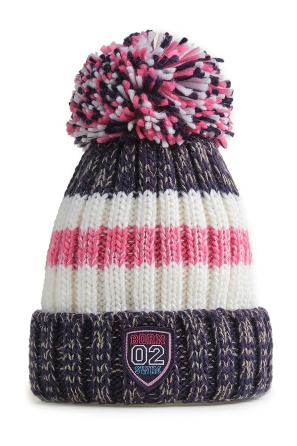 SuperBobble Rib Knit Beanie Bobble Hat - Navy Pink