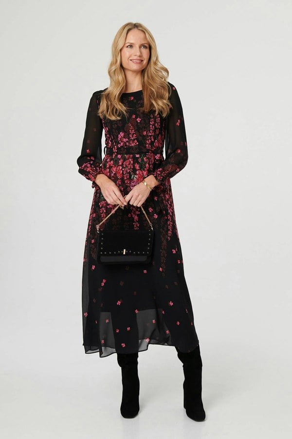 Black | Floral Tie Waist Sheer Layer Maxi Dress
