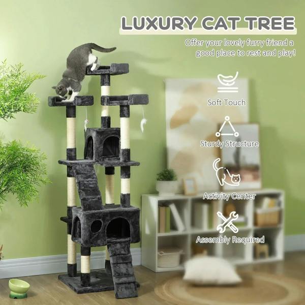 Grey cat tree activity center with tiered perches, condo house, and scratching posts