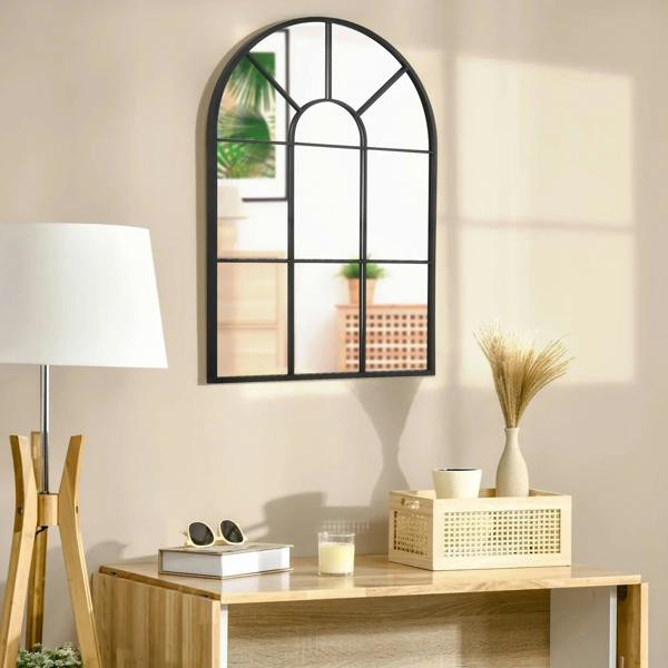 Arched grid mirror with black frame and multi-panel window-style grid.