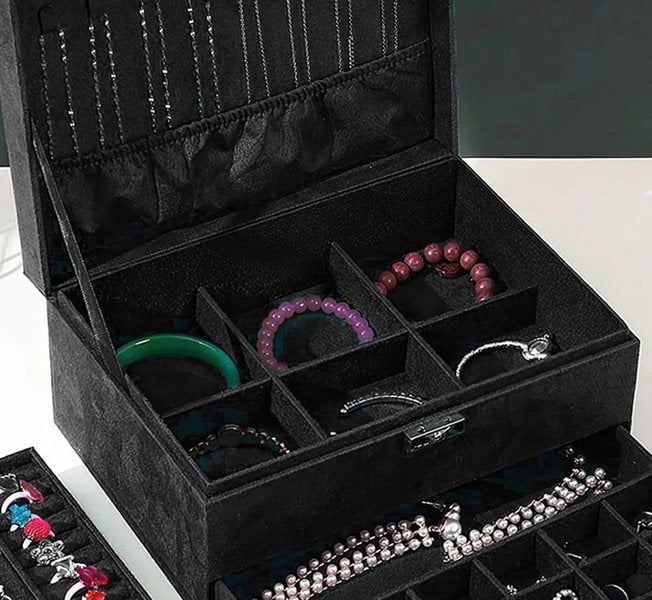 Modcraft 3-Layer Black Jewellery Box with Lock, Drawer Organizer for Rings, Earrings & Necklaces