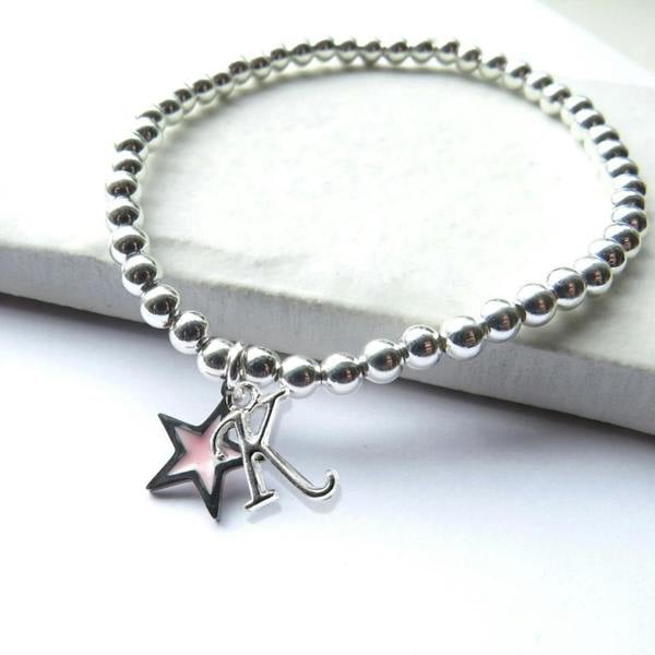 Personalised Initial Girls Silver Beaded & Pink Enamel Star Charm