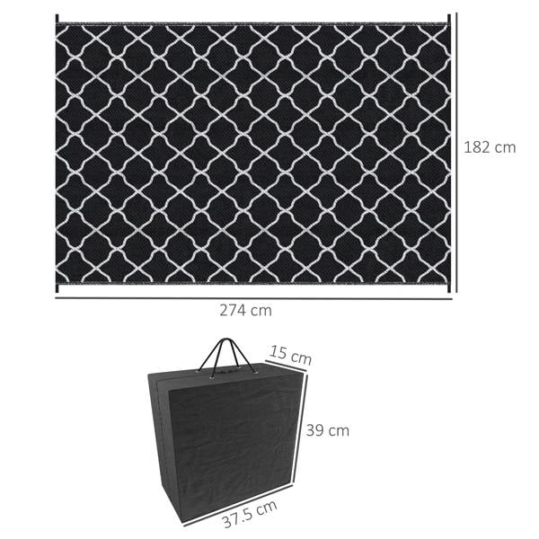 Reversible outdoor rug, black with white quatrefoil lattice pattern, 182x274 cm