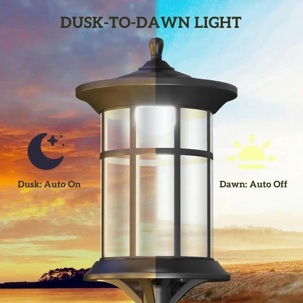 Black traditional solar lamp post with glass lantern and dusk-to-dawn operation