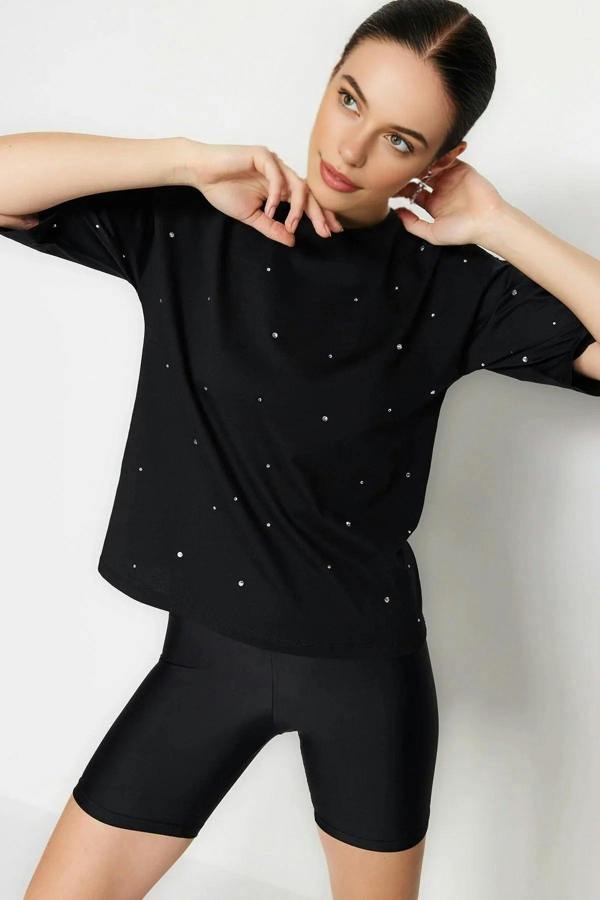 WOVCOR 100% Cotton Stone Detail Crew Neck Knitted T-Shirt
