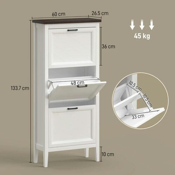 Shoe Cabinet with 3 Flip Drawers, Farmhouse Narrow Shoe Storage Cabinet with Adjustable Shelves, White