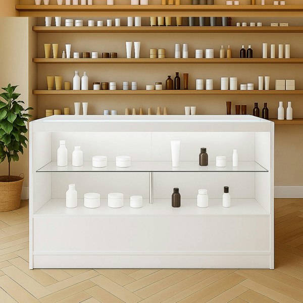 LED retail shop counter C1500 in white, featuring glass shelves displaying various skincare products against a warm, neutral backdrop
