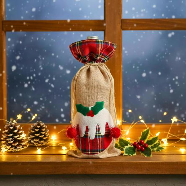 15 x 35 cm Christmas Wine Bottle Cover Bag with Drawstring, Festive Printed Novelty Decoration image 9