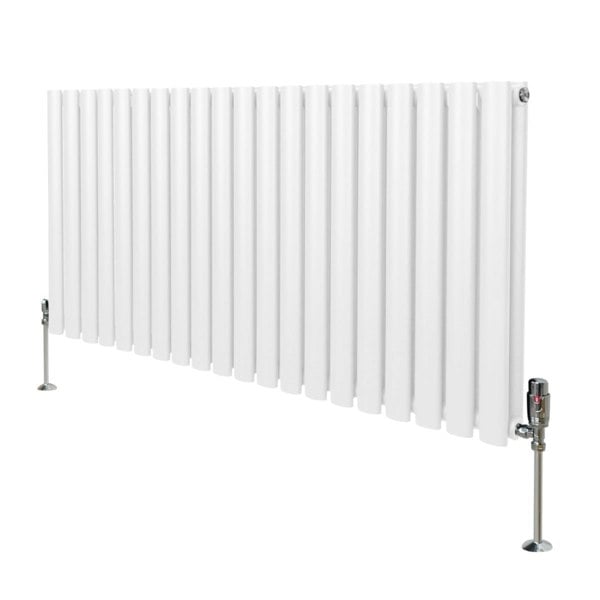 White oval column radiator measuring 600mm x 1200mm with sleek vertical fins and chrome valves, ideal for modern interiors