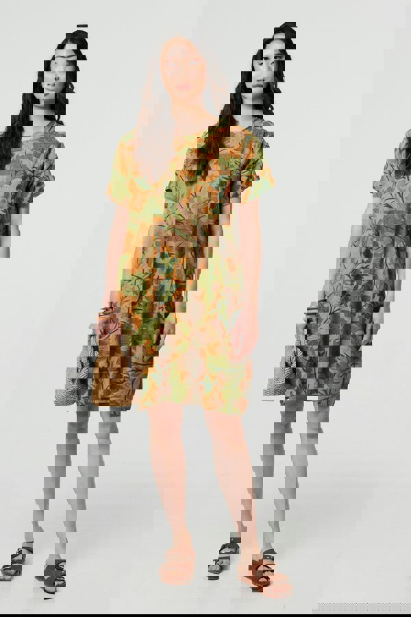 Green | Leaf Print Short Sleeve Shift Short Dress
