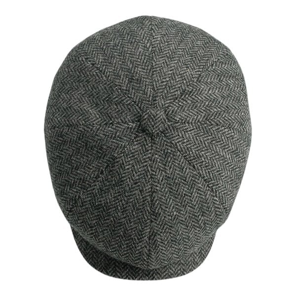 Gamble & Gunn 'Ramsden' Classic 8 Panel Shetland Wool Tweed Grey Herringbone Button Top Cap