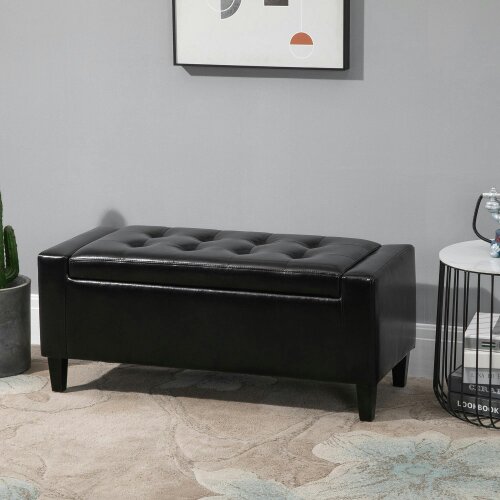 Wyld Haus Sabata Faux Leather Black Storage Ottoman Bench With Lift Up Diamond Tufted Lid