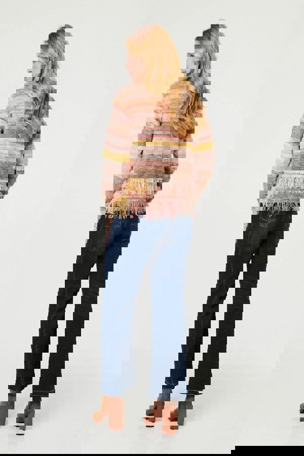 Pink | Striped Texture Tassel Hem Crop Jumper

