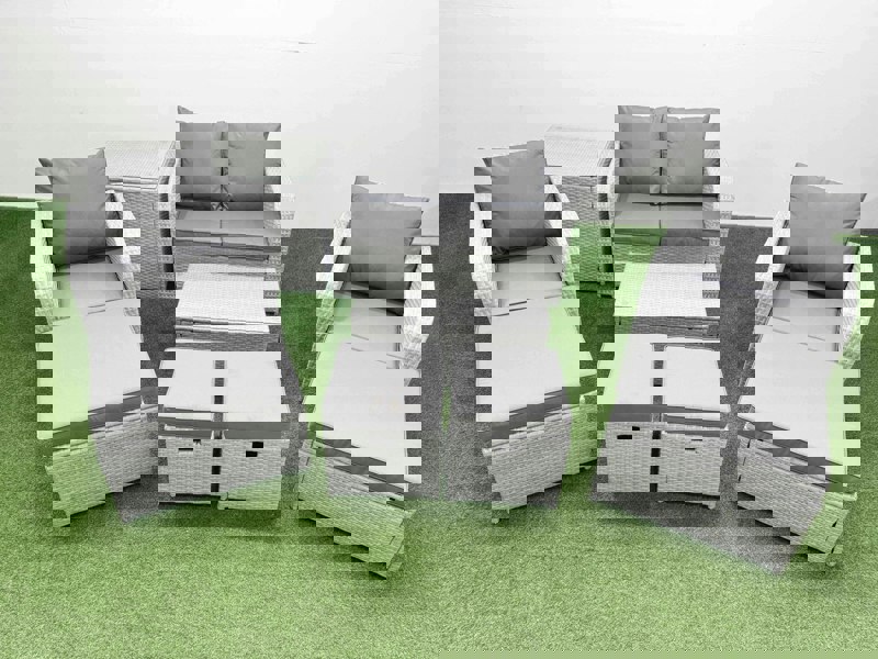 Fimous 9 PCs Rectangular Coffee Table Set Reclining Chair Inclining Sofa Seat Side Table 2 Big Footstool Light Grey