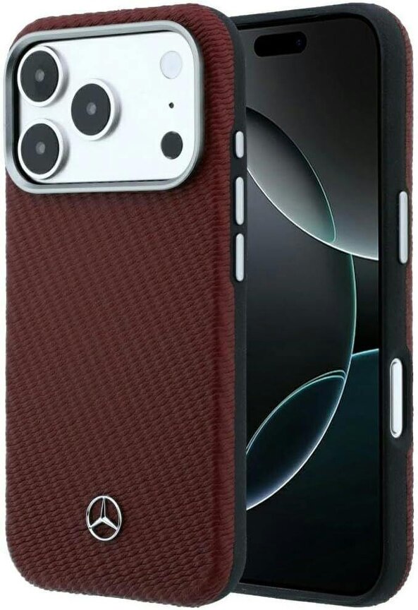 Mercedes Leather Semi Wrap Wood Effect Case with MagSafe for iPhone 17/18 Pro 6.3" Burgundy - MEHMP18L25PFWWPR