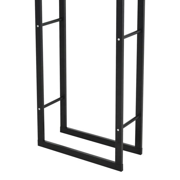 Black metal firewood log holder base and lower rails, open vertical frame