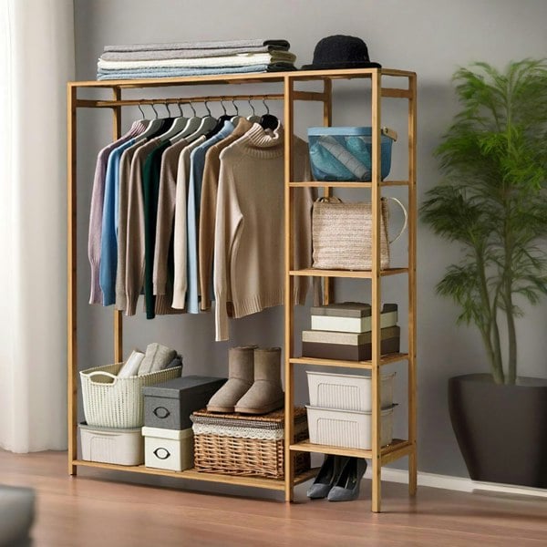 Rafaelo Mobilia Natural Wooden Bamboo Clothes Rail With 5 Shelves Open Wardrobe Garment Rail Garment Rack