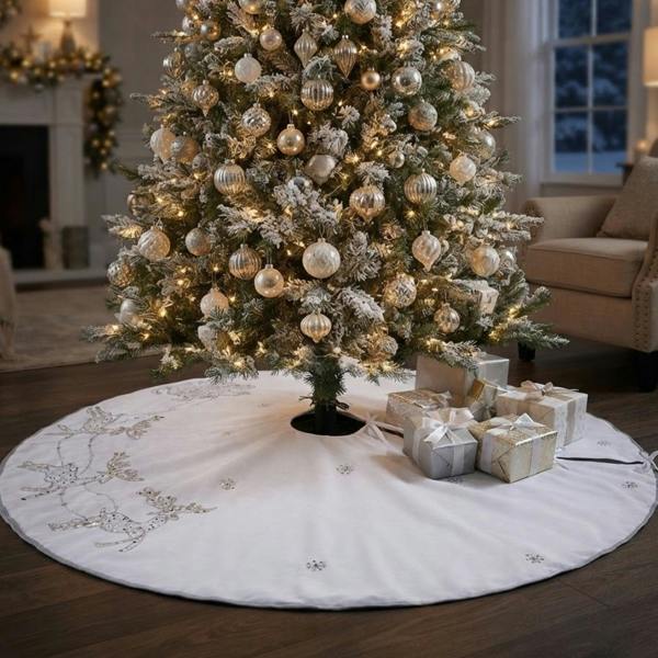 Garden Greatness White Reindeer Hand Embellished Christmas Tree Skirt