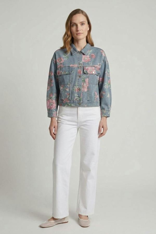 Blue | Floral Print Boxy Denim Jacket

