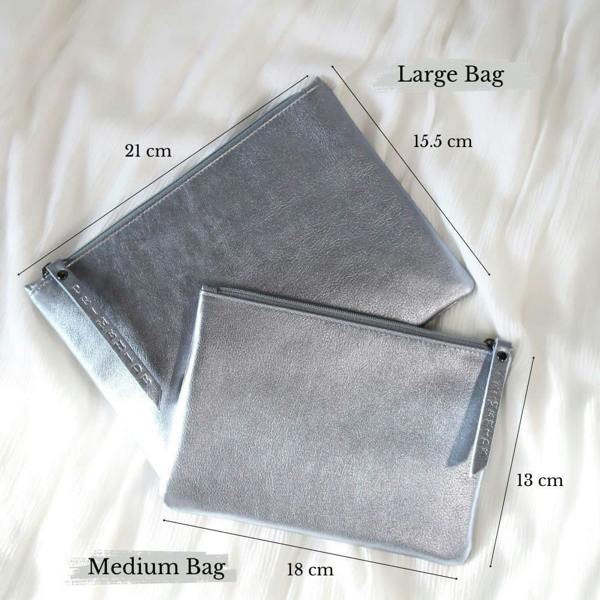 Sliver Leather makeup pouch with zip closure – top view