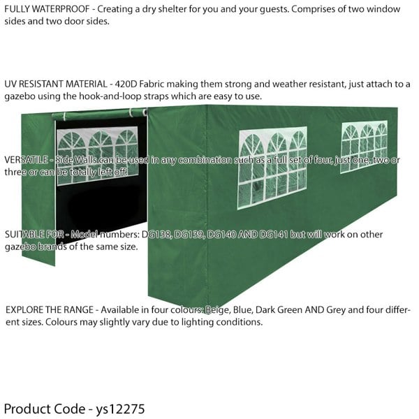 Side Walls Door & Windows for 3x6m Pop-Up Gazebo - GREEN - Garden Party Tent - LoopsDirect