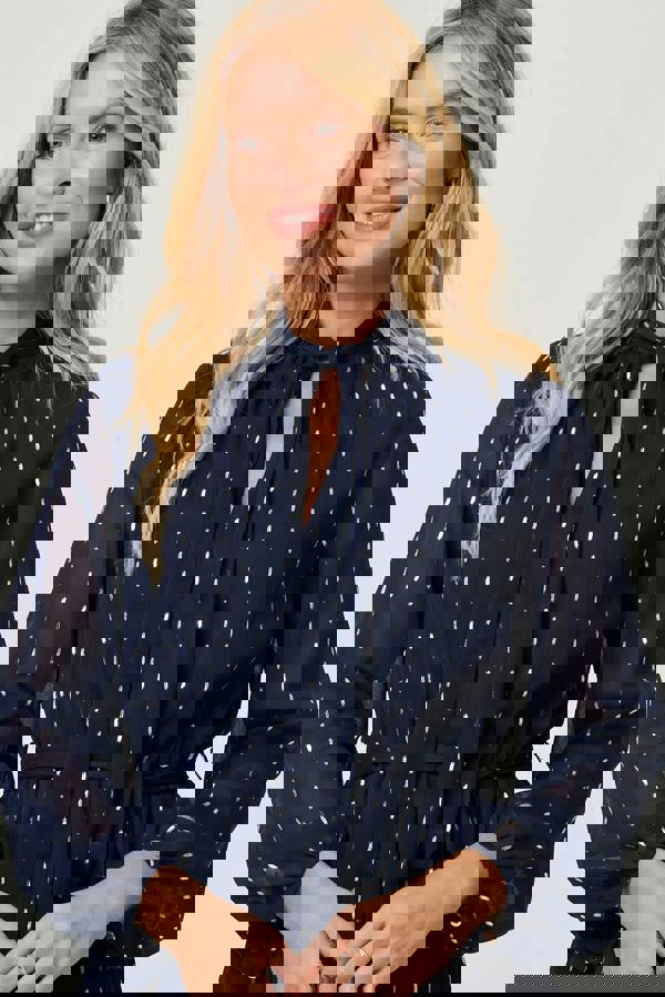 Navy | Polka Dot Print Long Sleeve Midi Dress