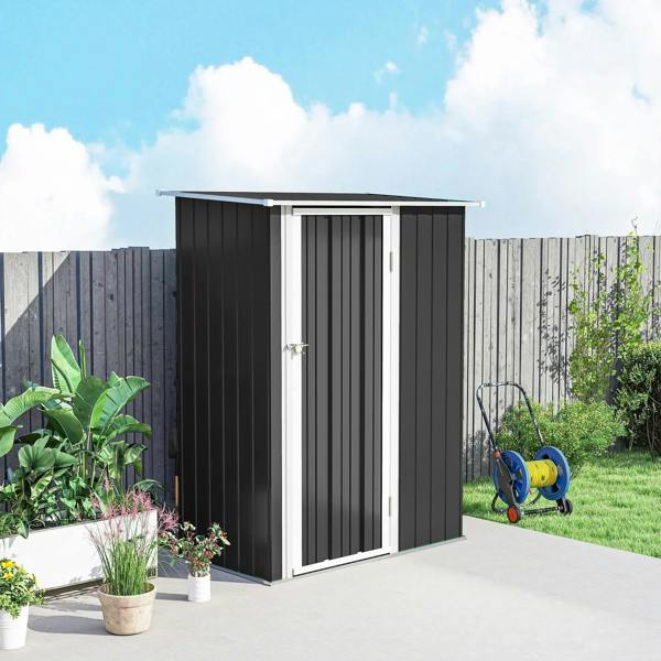 Grey metal outdoor storage shed with sloped roof and closed double doors