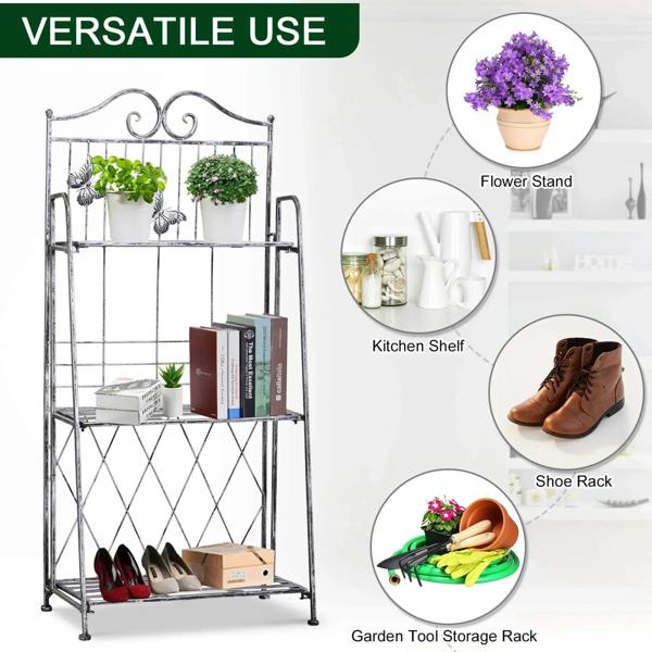 Silver metal 3-tier rack with decorative scroll top and butterfly ornaments for plants or storage
