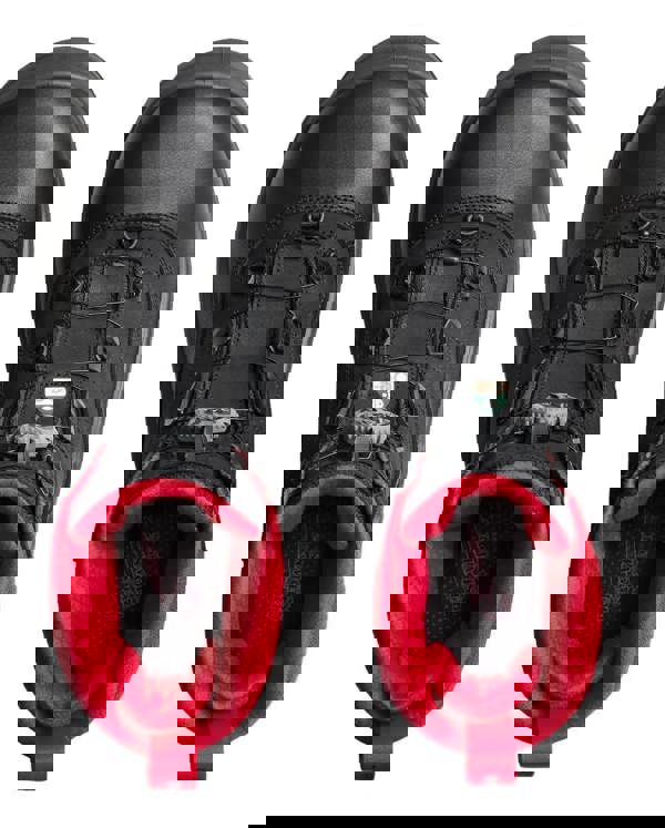 Red Wing Shoes Red Wing Polar X 3265 Mens Waterproof Leather Safety BOA Ankle Boots, top view of black waterproof safety boots with red interior lining and lace hook system.