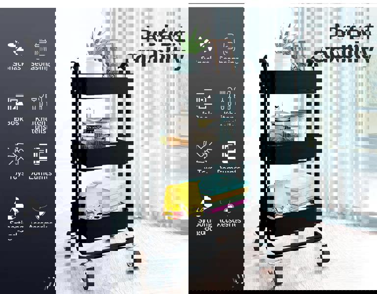 Levede 3 Tiers Kitchen Trolley Cart Steel Storage Rack Shelf Organiser Black