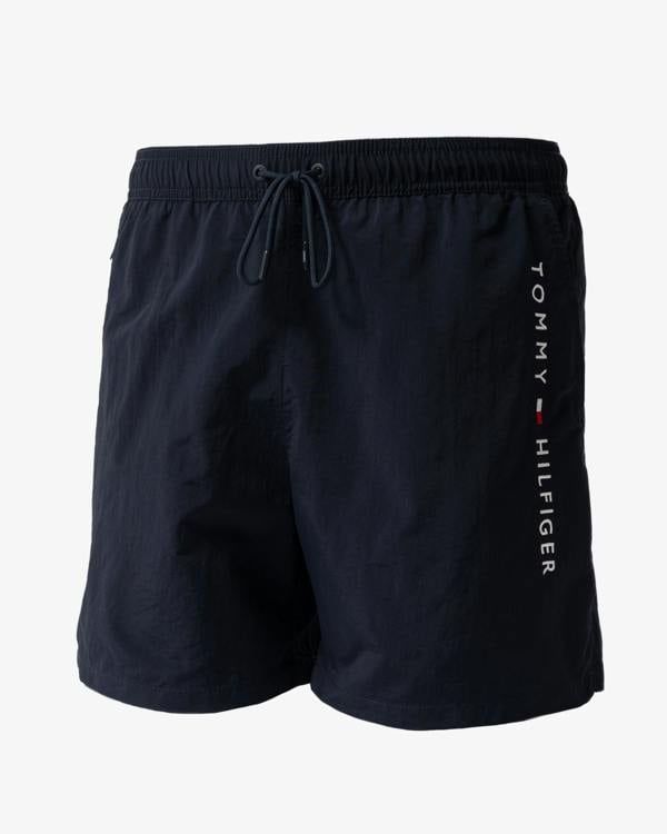 front of Tommy Hilfiger Logo Zip Pocket Mens Drawstring Swimming Shorts in Desert Sky