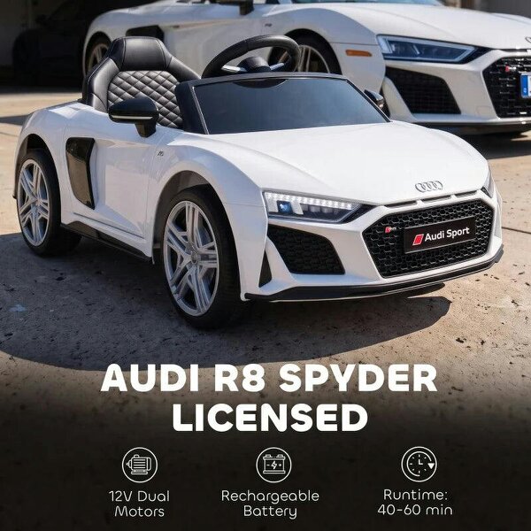 Licensed Audi R8 Spyder 12V Electric Car for Kids with Remote Control, Dual Motors, Rear Suspension, Soft Start, White