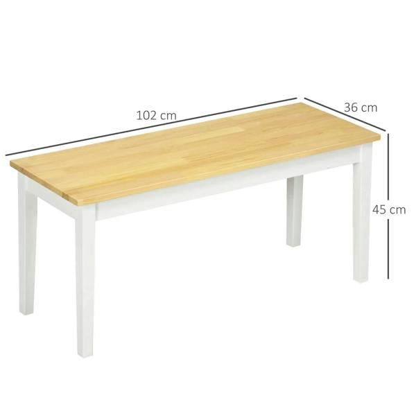 Wood dining bench with 102cm length, 36cm width, 45cm height, white legs.