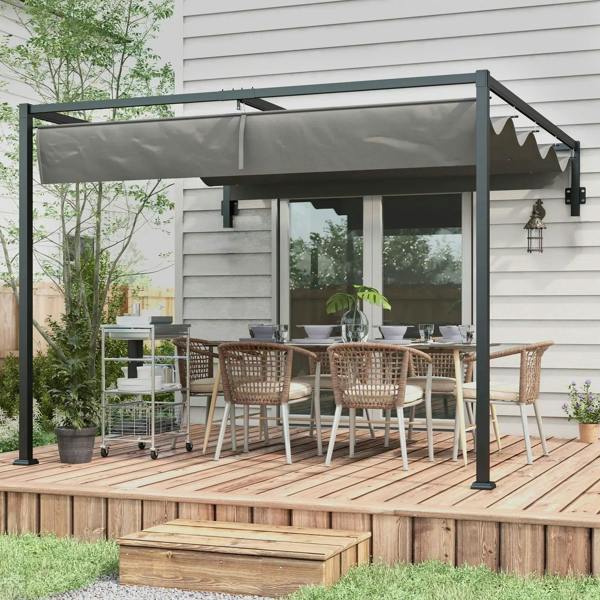 Dark grey lean-to steel pergola with retractable grey canopy over outdoor dining area.