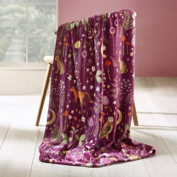Catherine Lansfield Enchanted Twilight Animals Cosy Fleece Blanket Throw Forest Plum