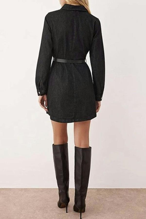 WOVCOR Shirt Collar Belted Long Sleeve Mini Denim Dress