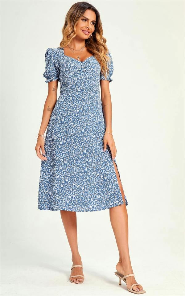 FS Collection Little Flora Print Tie Front Slip Leg Dress In Blue