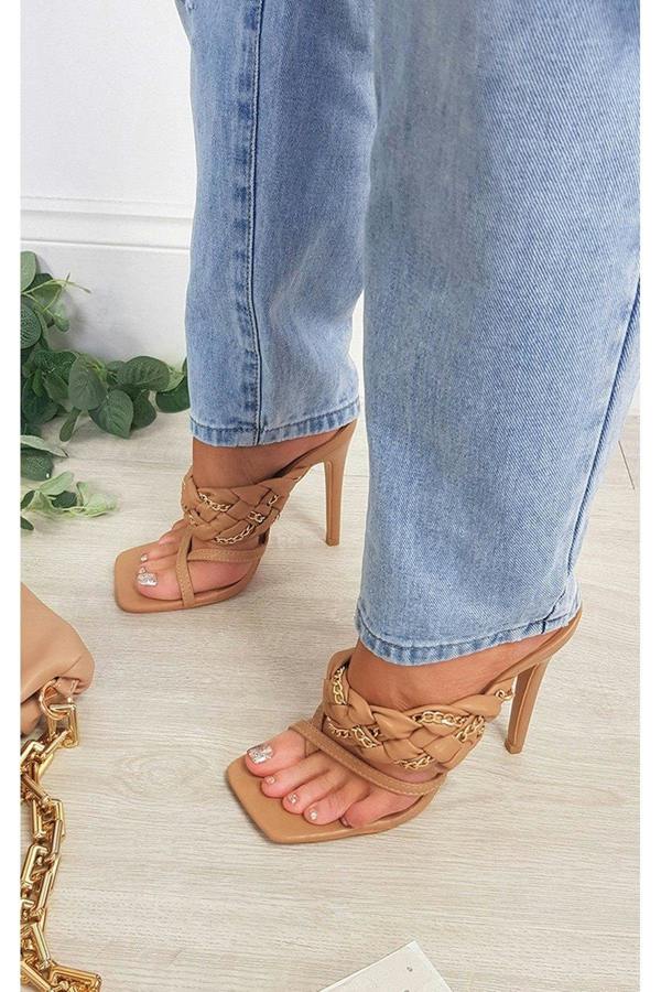 Ashley Braided Slip On Mule With Chain Detail - Mocha