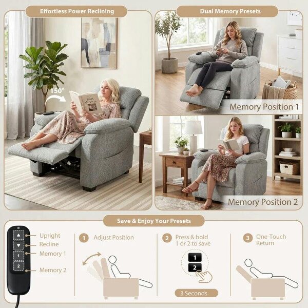 Power Recliner Armchair with Massage and Heat, Electric Reclining Chair with Wide Spring Seat, Light Grey