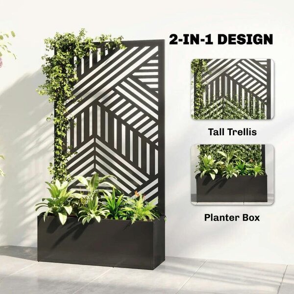 Metal Garden Bed for Garden with Trellis, Raised Garden Bed with Privacy Screen, Geometric Slatted Cut-Out
