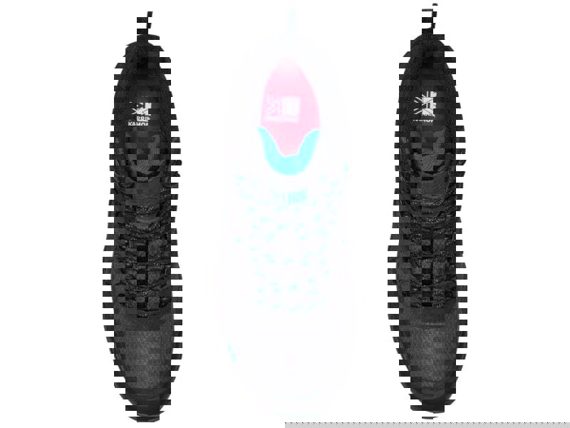 Karrimor Bodmin MID 6 Men's Walking Hiking Lace Up Trekking Boots, top view of a rugged hiking boot in dark gray and blue with laces and logo featuring British flag design.