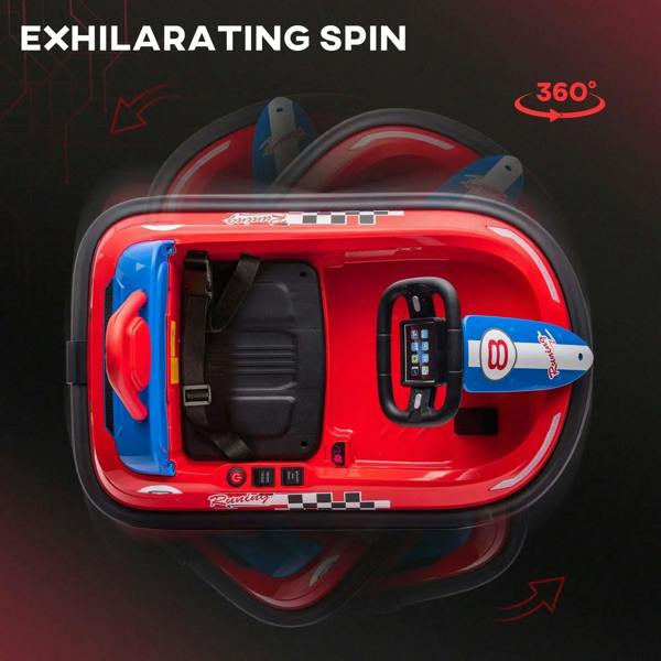 Red electric kids bumper car top view showing seat, steering wheel, and controls.