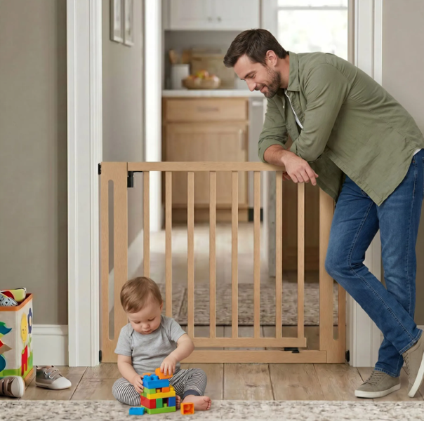 Safetots Wooden Elegance Gate, Natural, 79cm - 87cm, Pressure Fit Safety Gate, 57cm Extra Wide Doorway, Easy Installation