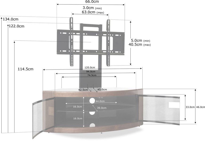 Centurion Supports PANGEA Black/Walnut Beam-Thru Curved True-Corner 32"-50" TV Cabinet with Mounting Arm