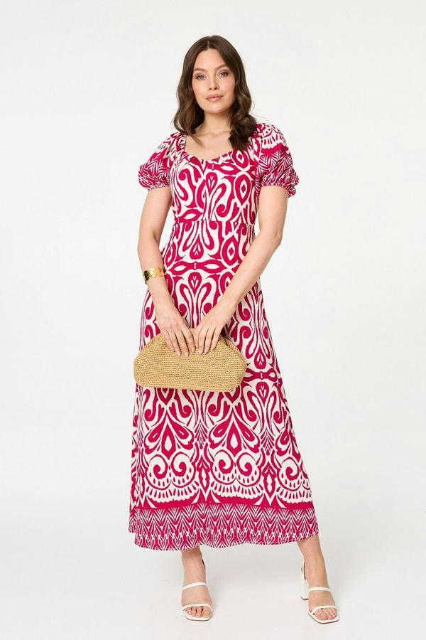 Pink | Printed Short Sleeve A-Line Maxi Dress